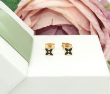 Złote kolczyki p.585/0,78g, wkrętki z czarnym kwiatuszkiem  ŁS