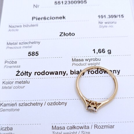 Złoty pierścionek p.585/1,65g PL